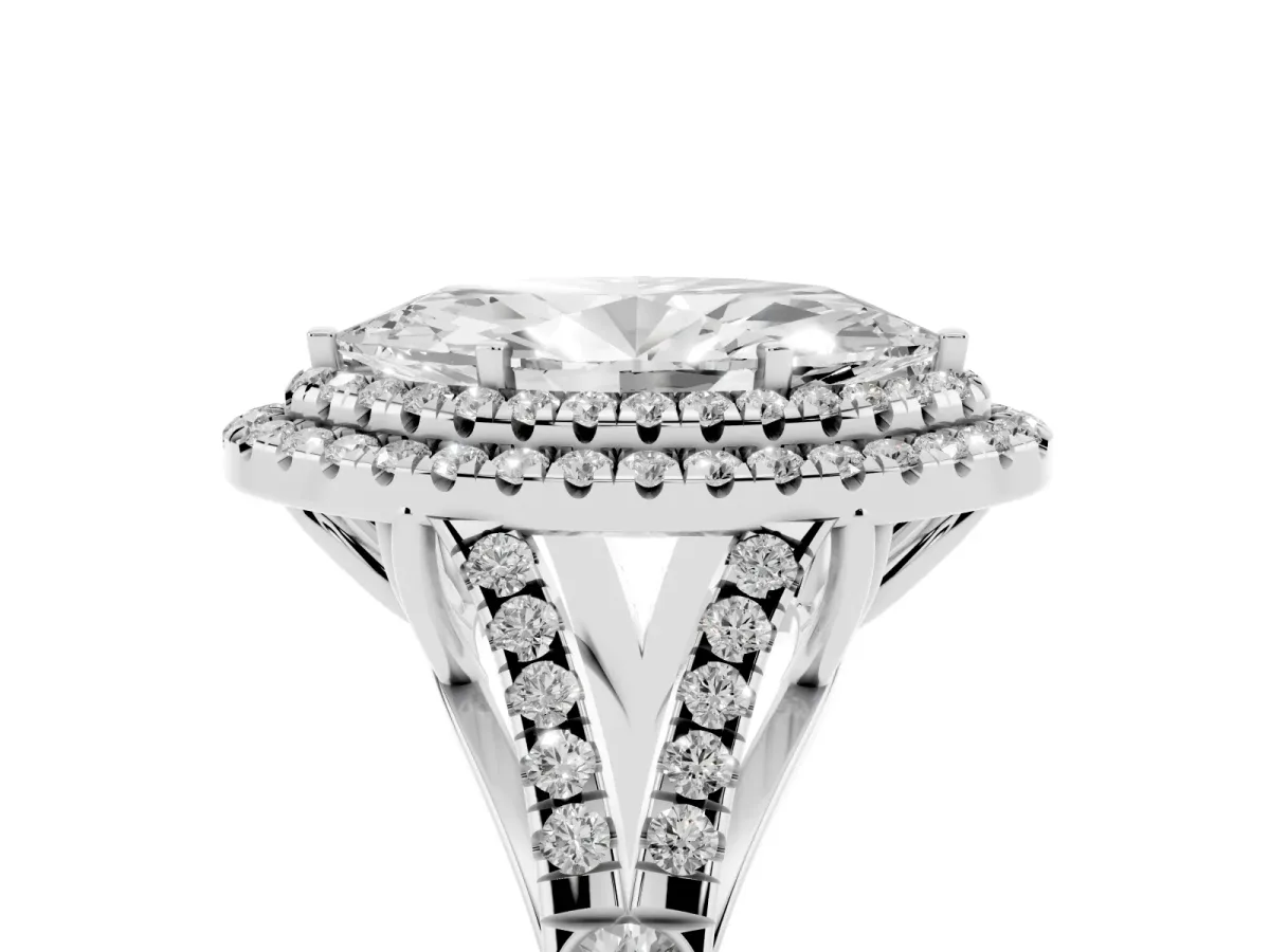 Double Halo Marquise Cut Diamond Split Shank Engagement Ring with Four-Prong Setting Silver