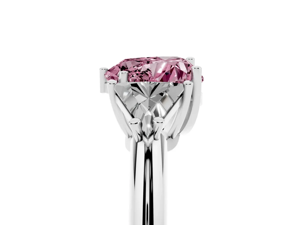 Fancy Pink Three-Stone Heart Cut Diamond Engagement Ring with Trillion Side Stones and Prong Setting Silver