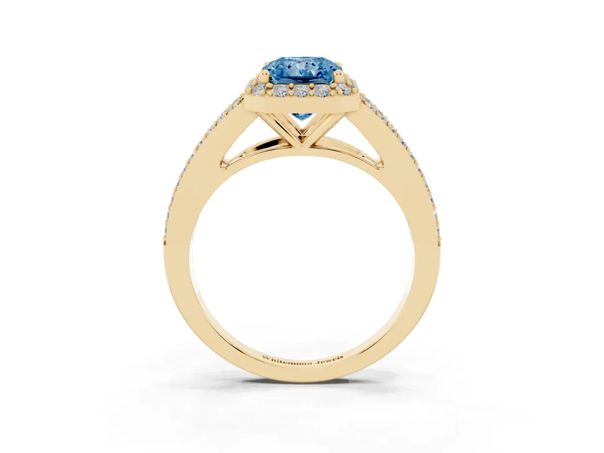 Fancy Blue Radiant Cut Halo Split Shank Diamond Ring with Prong Setting Yellow gold