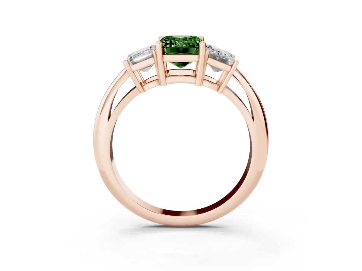 Fancy Green Three-Stone Emerald Cut Cut Diamond Engagement Ring with Prong Setting on a White Gold Band Rose gold