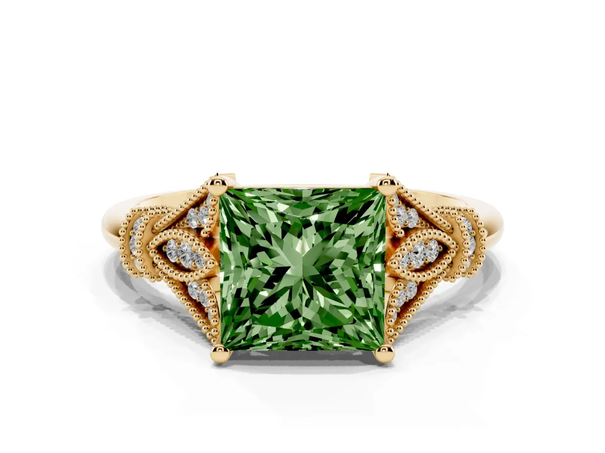 Fancy Green Princess Cut Diamond Solitaire Ring with Floral Filigree and Pave Accents Yellow gold