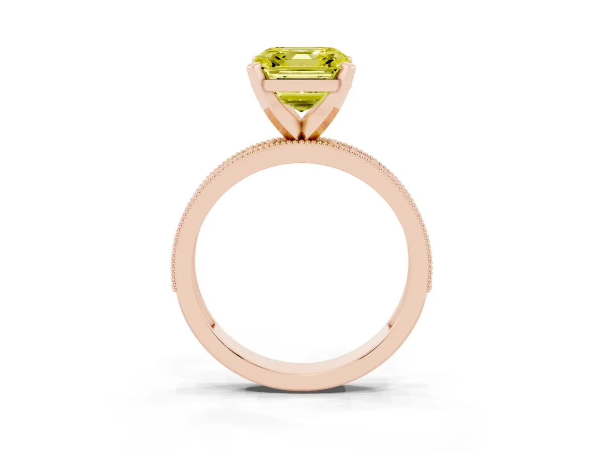 Fancy Yellow Asscher Cut Diamond Milgrain Pavé Engagement Ring with Four-Prong Setting Rose gold