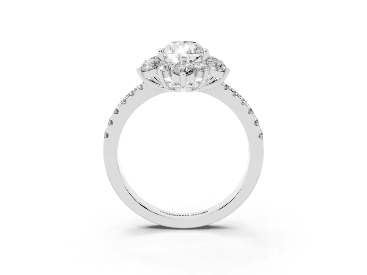 Pear Cut Diamond Floral Halo Ring with Round Pavé Band and Prong Setting Silver