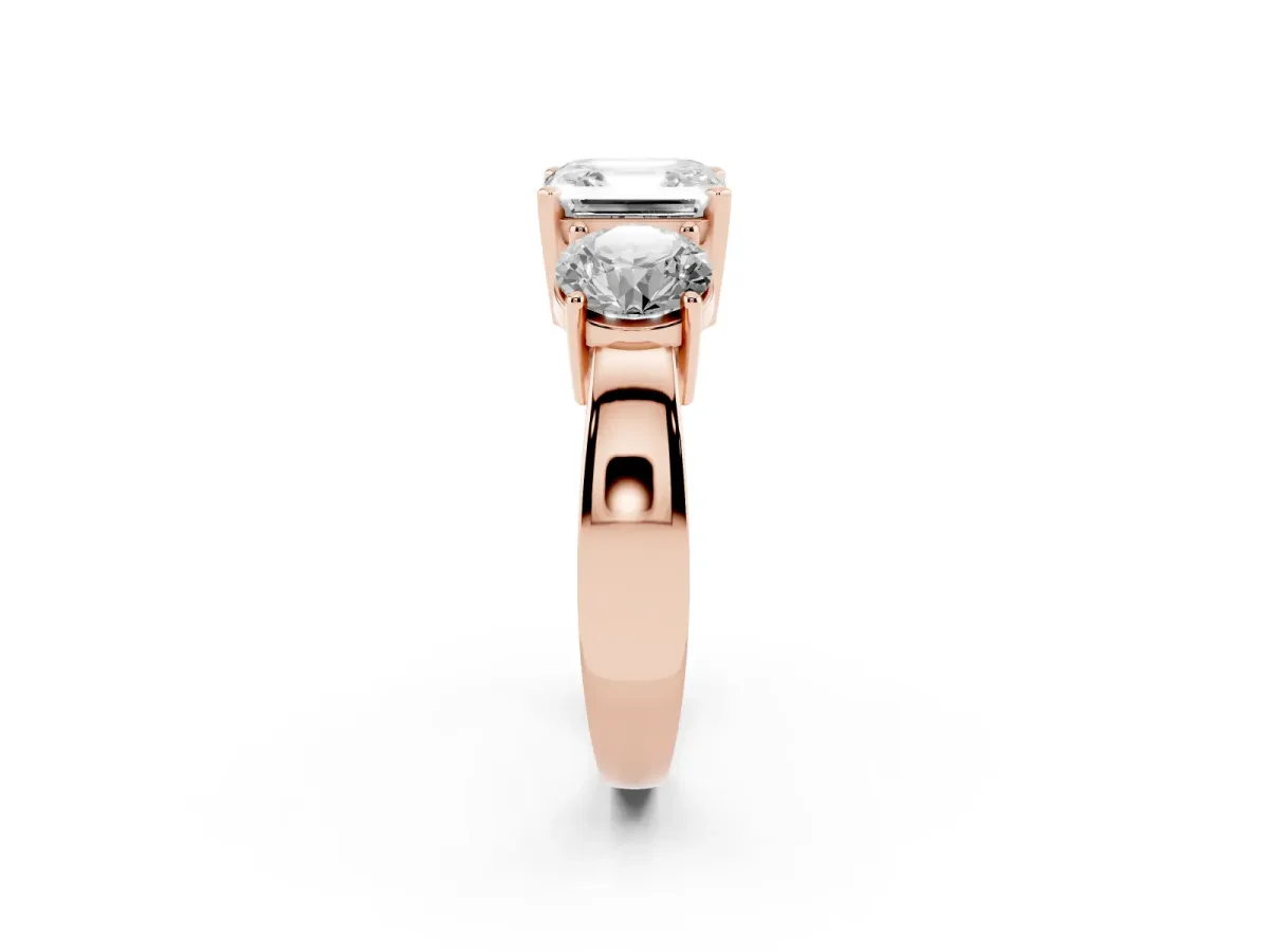 Three-Stone Asscher Cut Diamond Ring with Round Side Stones, Classic Band, and Four-Prong Setting Rose gold