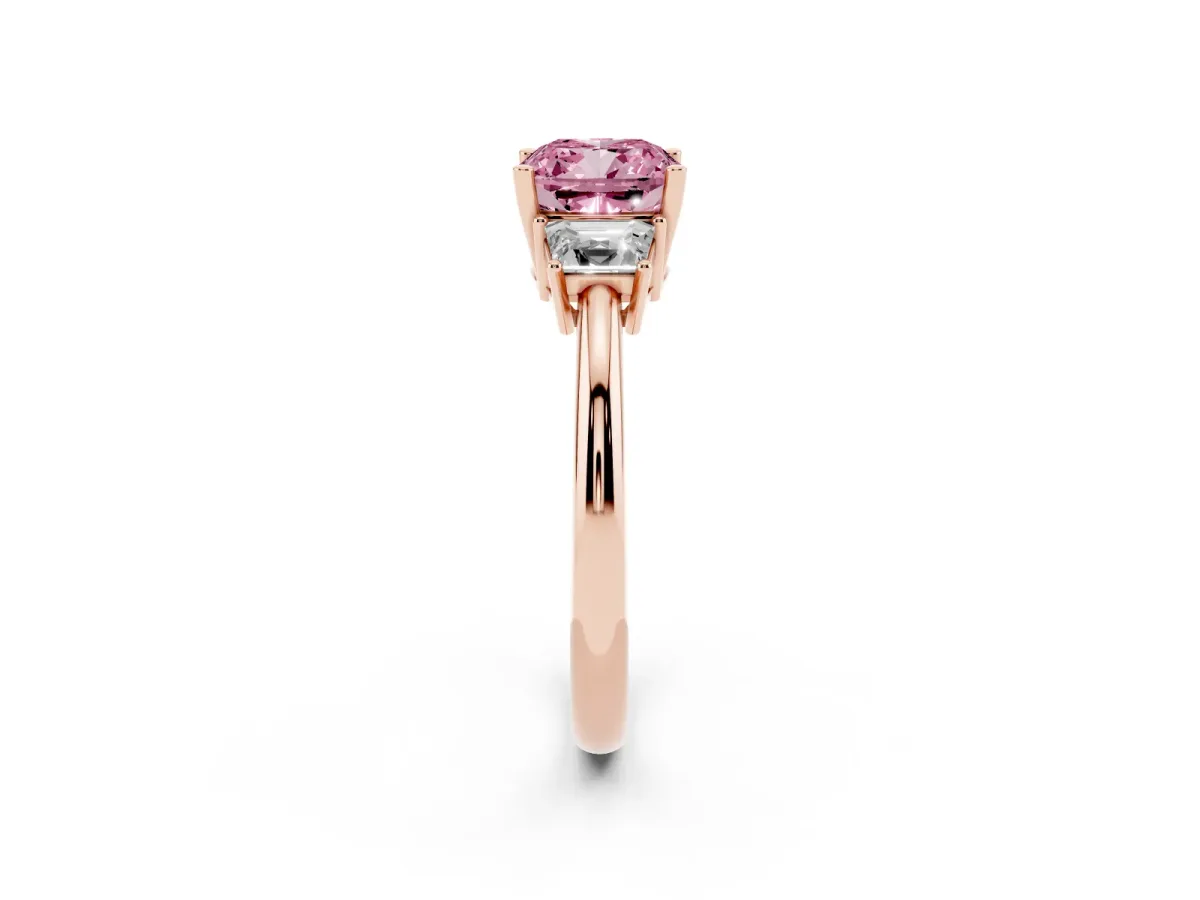 Fancy Pink Cushion Cut Diamond Three-Stone Ring with Trapezoid Side Stones and Prong Setting Rose gold