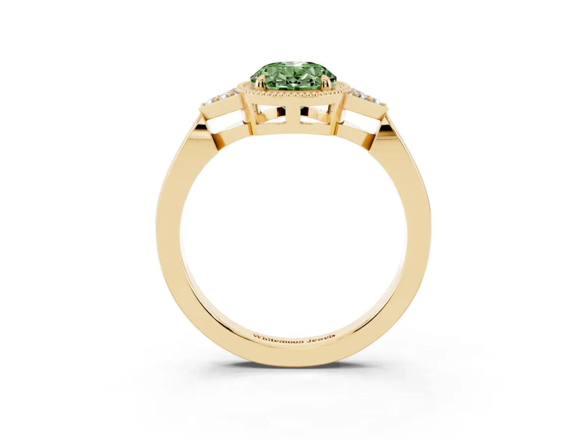 Fancy Green Hexagonal Halo Oval Cut Diamond Solitaire with Pavé Band and Four-Prong Setting Yellow gold
