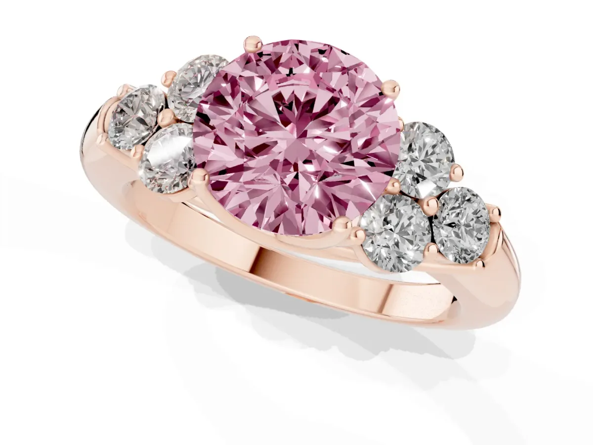 Fancy Pink Round Cut Cut Diamond Cluster Ring with Round Accent Stones and Prong Setting on a Classic Band Rose gold