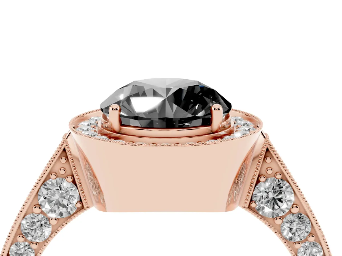 Fancy Black Round Cut Halo Diamond Engagement Ring with Split Shank Band and Four-Prong Setting Rose gold