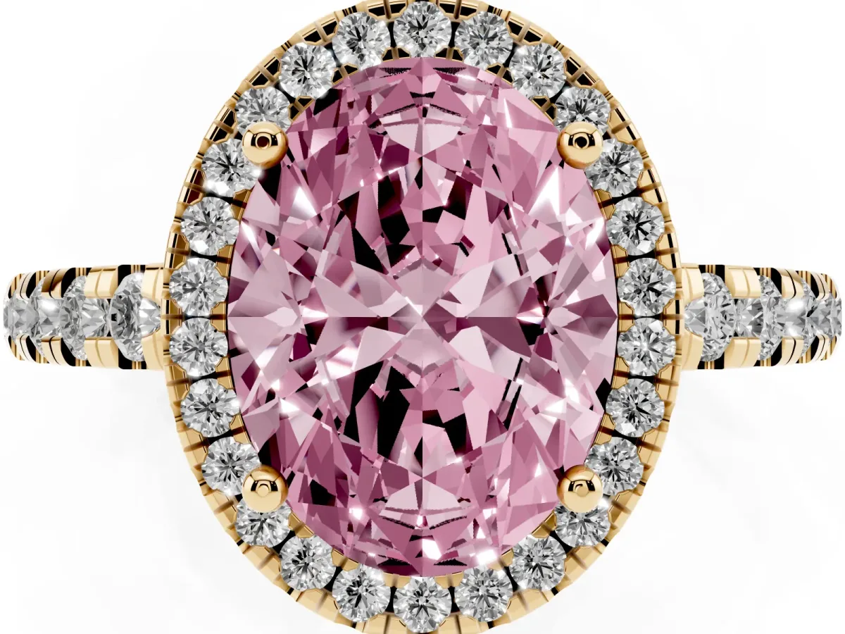 Fancy Pink Oval Cut Diamond Halo Ring with Pavé Band and Four-Prong Setting Yellow gold