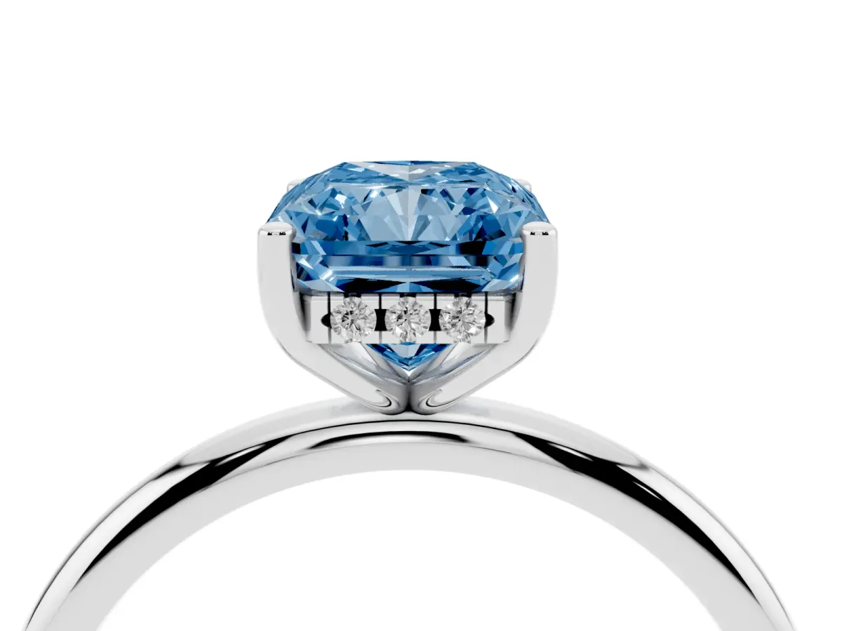 Fancy Blue Radiant Cut Cut Solitaire Engagement Ring with Four-Prong Setting and Classic Band Platinum