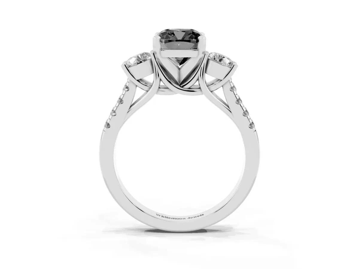 Fancy Black Three-Stone Cushion Cut Diamond Pavé Band with Four-Prong Setting Platinum