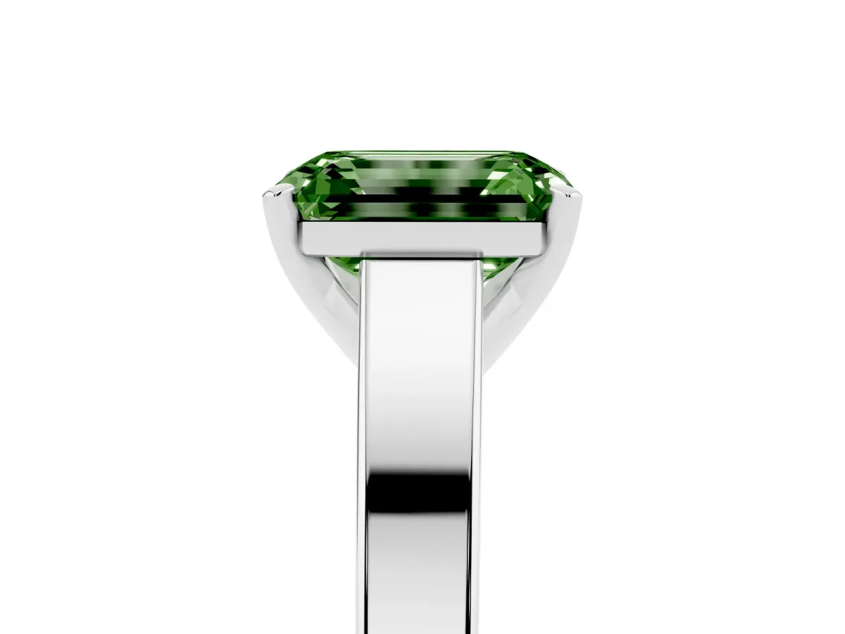 Fancy Green Emerald Cut Solitaire Engagement Ring with Four-Prong Setting and Tapered Band Silver