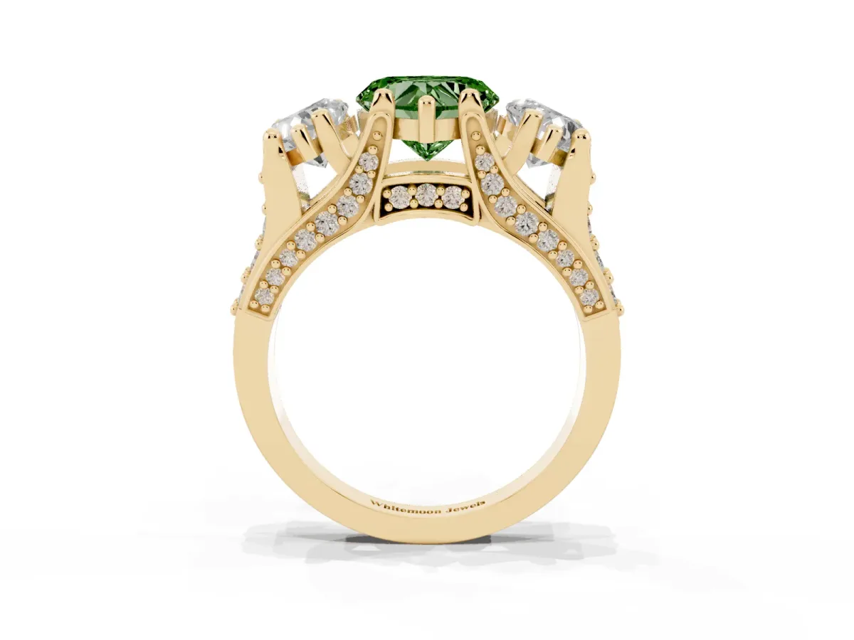 Fancy Green Heart Cut Diamond Three-Stone Ring with Channel Set Band and Four-Prong Setting Yellow gold