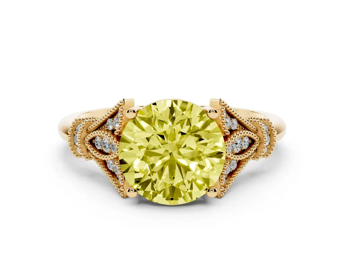 Fancy Yellow Round Cut Diamond Solitaire Ring with Floral Filigree and Pave Accents Yellow gold