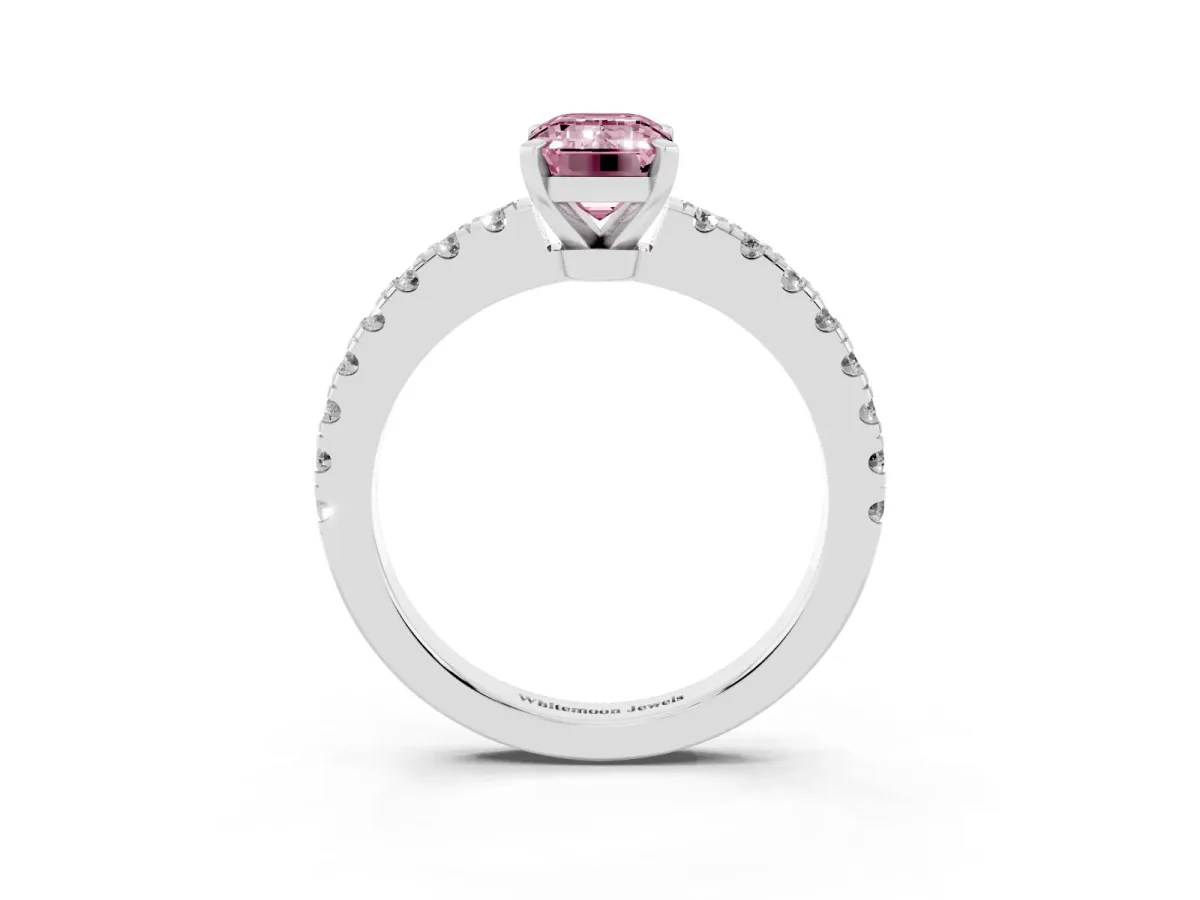 Fancy Pink Emerald Cut Solitaire Diamond with Pavé Band and Four-Prong Setting Silver