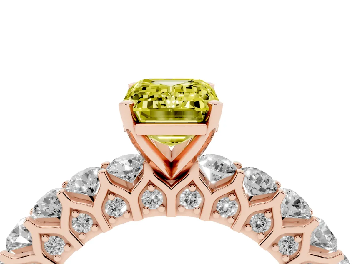 Fancy Yellow Emerald Cut Diamond Solitaire Ring with Shared Prong Pavé Band and Four-Prong Setting Rose gold
