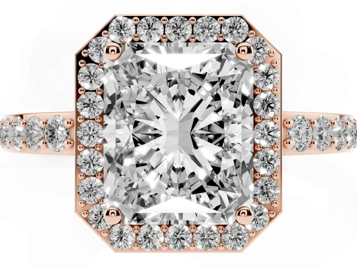 Radiant Cut Halo Diamond Pavé Band Ring with Prong Setting Rose gold