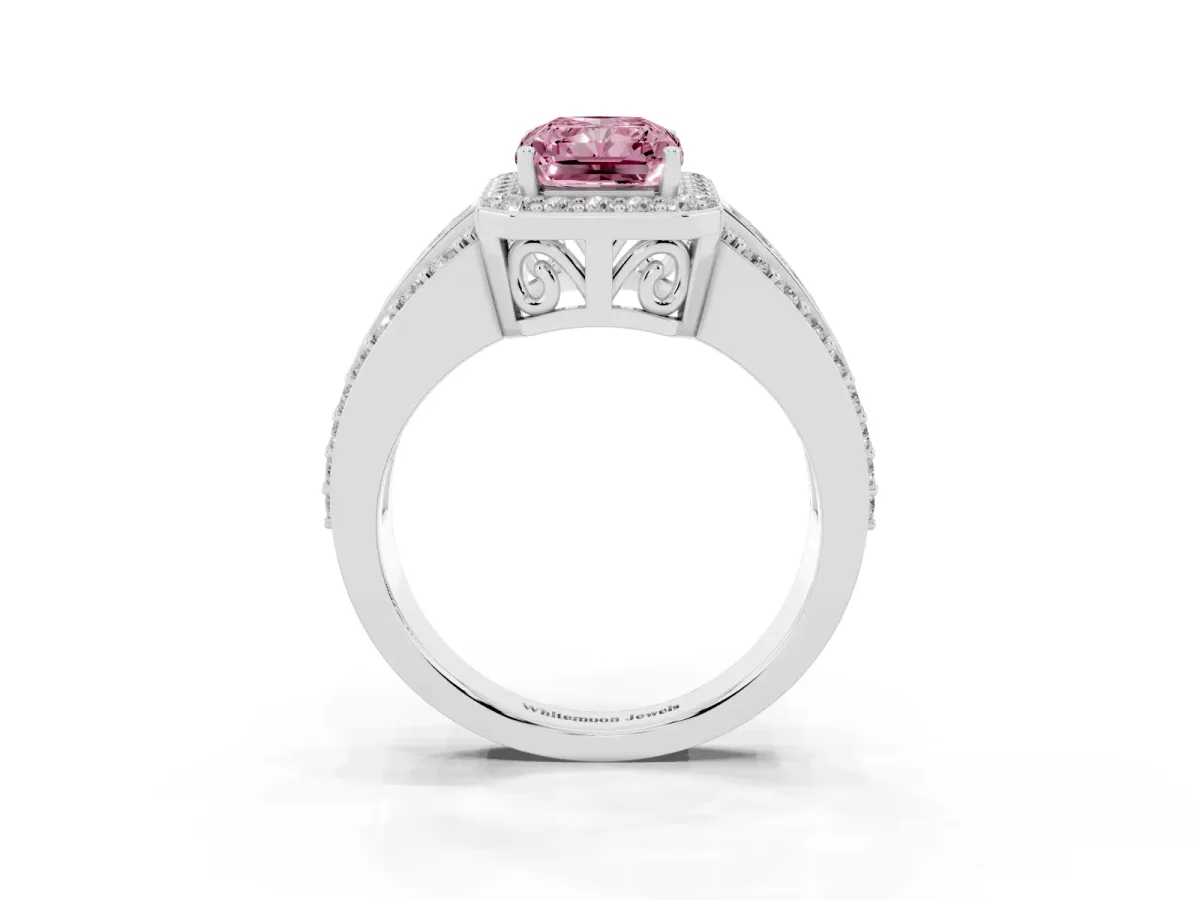Fancy Pink Radiant Cut Halo Diamond Ring with Round Split Shank and Prong Setting Platinum