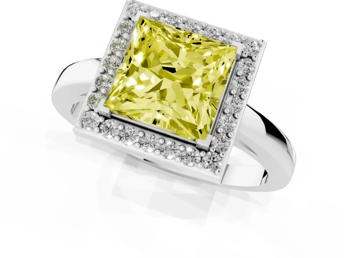 Fancy Yellow Princess Cut Halo Diamond Ring with Solitaire Band and Prong Setting Silver
