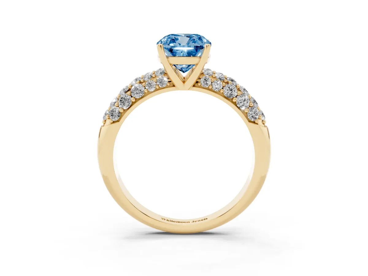 Fancy Blue Cushion Cut Diamond Pavé Band Solitaire Ring with Four-Prong Setting Yellow gold