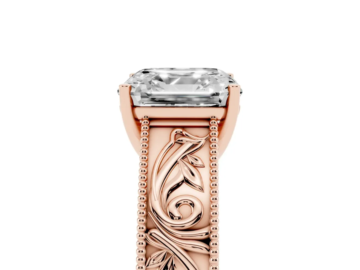 Asscher Cut Diamond Solitaire Ring with Engraved Band and Four-Prong Setting Rose gold