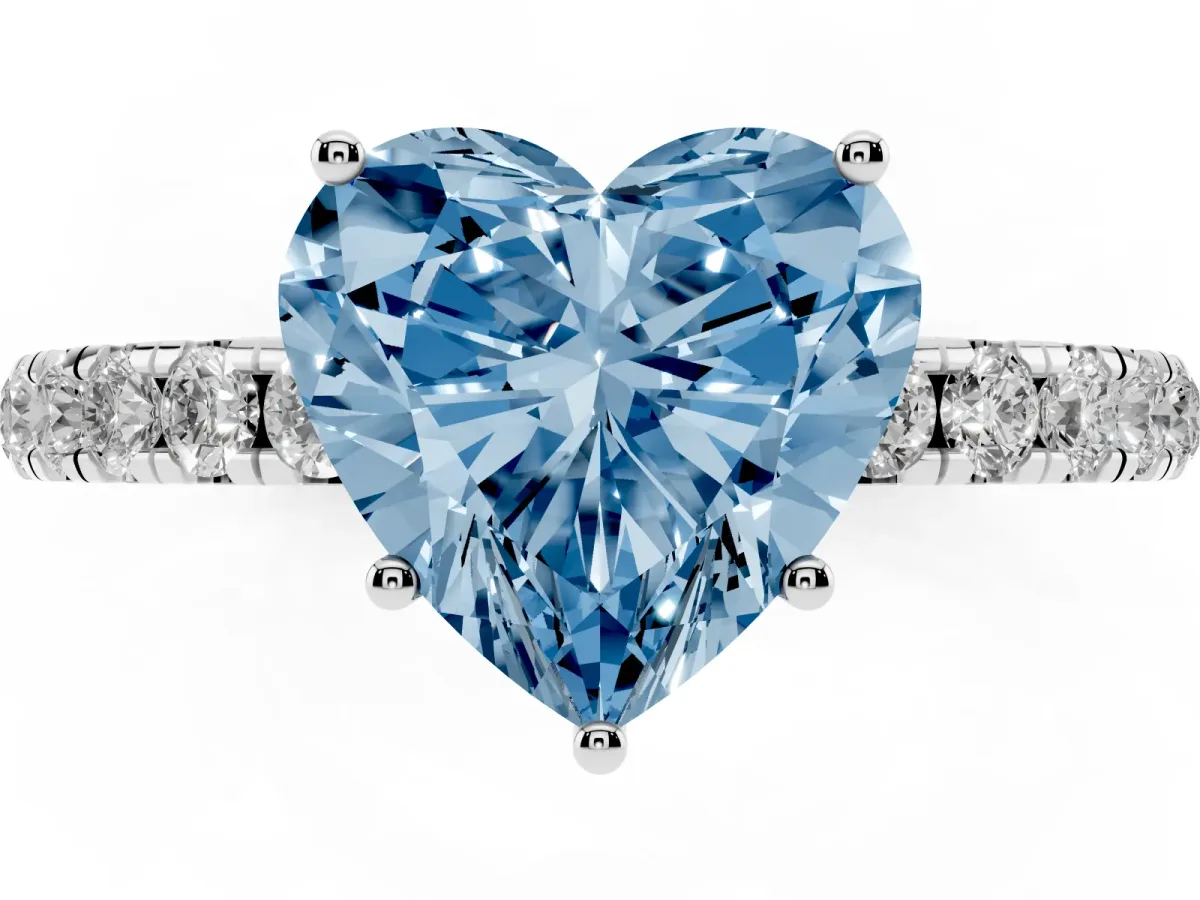 Fancy Blue Heart Cut Diamond Pavé Solitaire Engagement Ring with Four-Prong Setting Silver