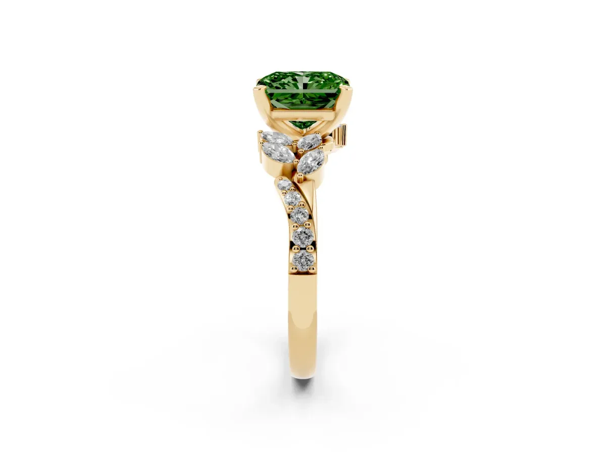 Fancy Green Radiant Cut Solitaire Marquise Twist Band with Six-Prong Setting Yellow gold