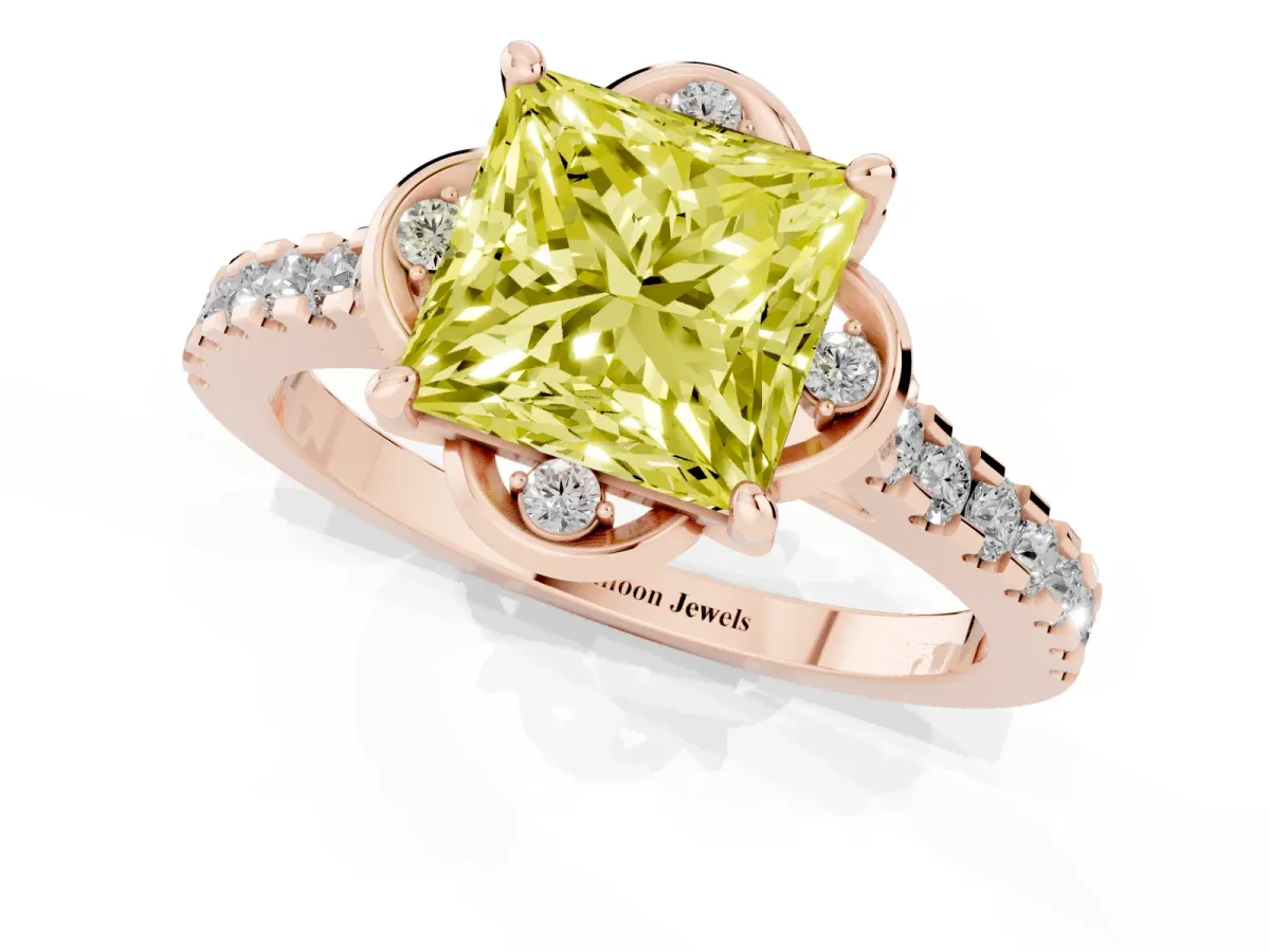 Fancy Yellow Princess Cut Diamond Ring with Pavé Band and Floral Prong Setting Rose gold