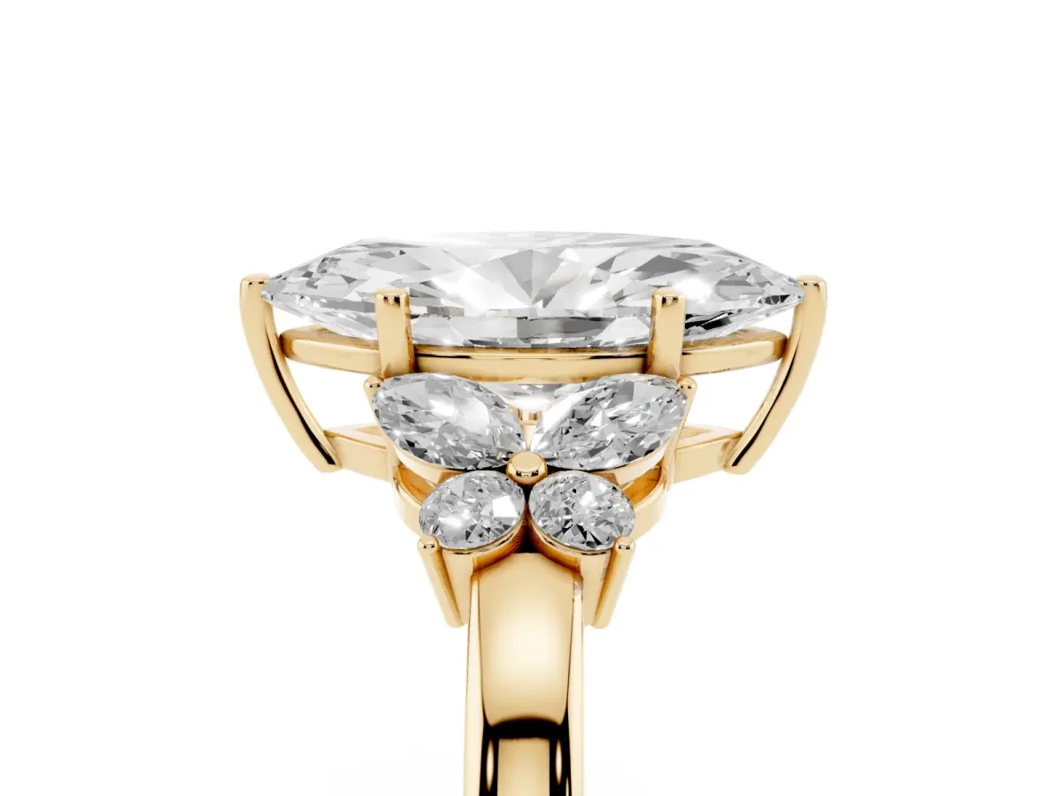 Marquise Cut Cut Solitaire Floral Diamond Ring with Four-Prong Setting Yellow gold