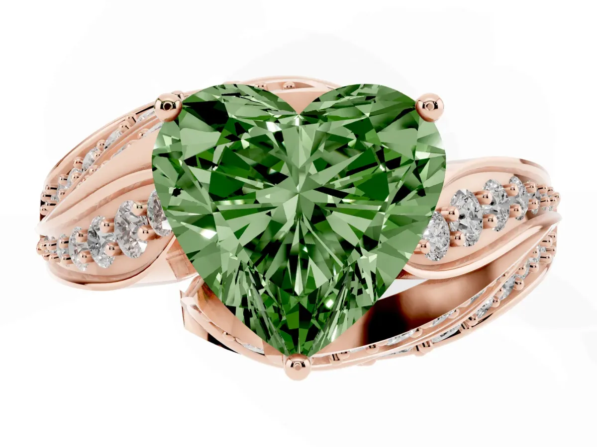 Fancy Green Heart Cut Diamond Solitaire Ring with Prong Setting and Twisted Pavé Band Rose gold