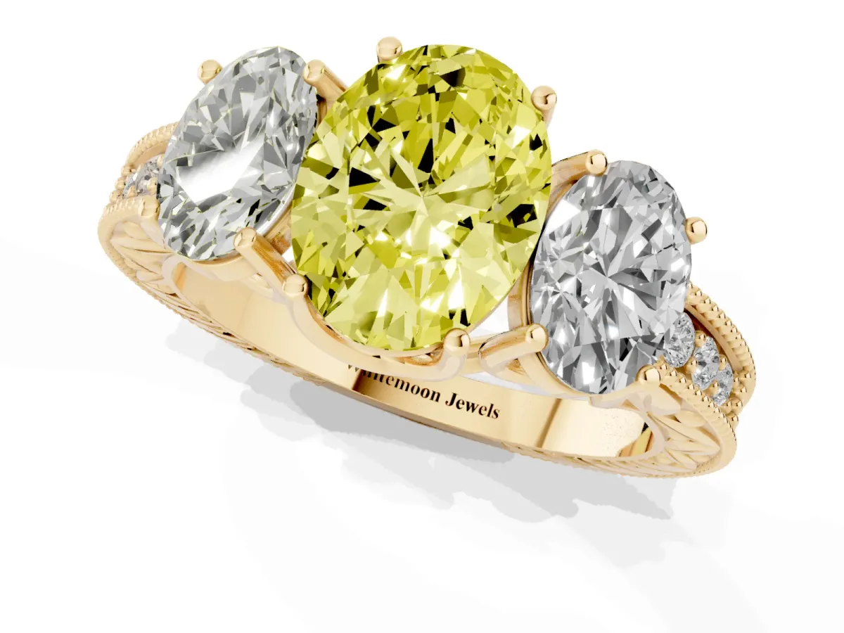 Fancy Yellow Three-Stone Oval Cut Cut Milgrain Pavé Engagement Ring Yellow gold