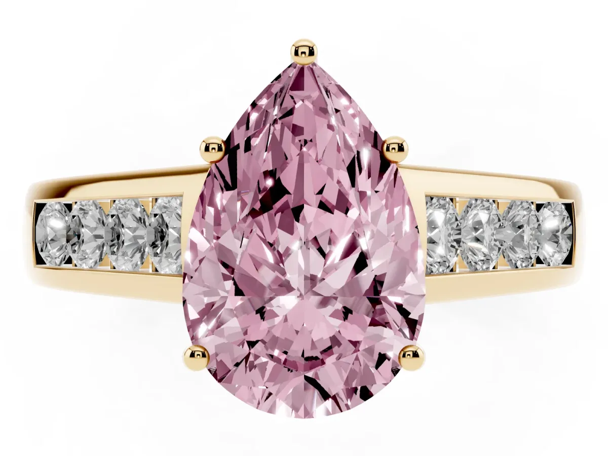 Fancy Pink Pear Cut Brilliant Channel-Set Solitaire Ring with Four-Prong Setting Yellow gold