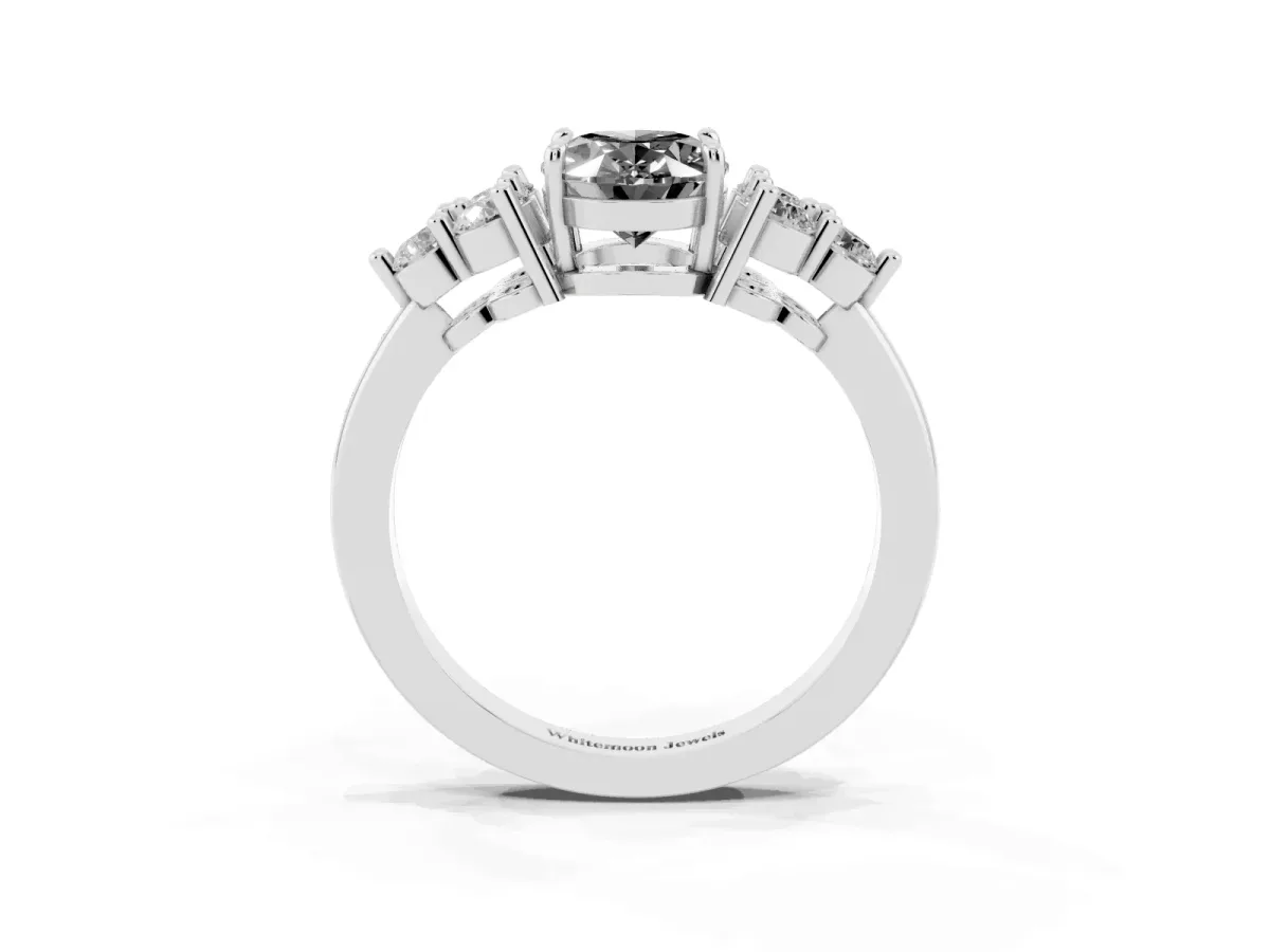 Fancy Black Oval Cut Brilliant Diamond Cluster Accent Solitaire Ring with Prong Setting White gold