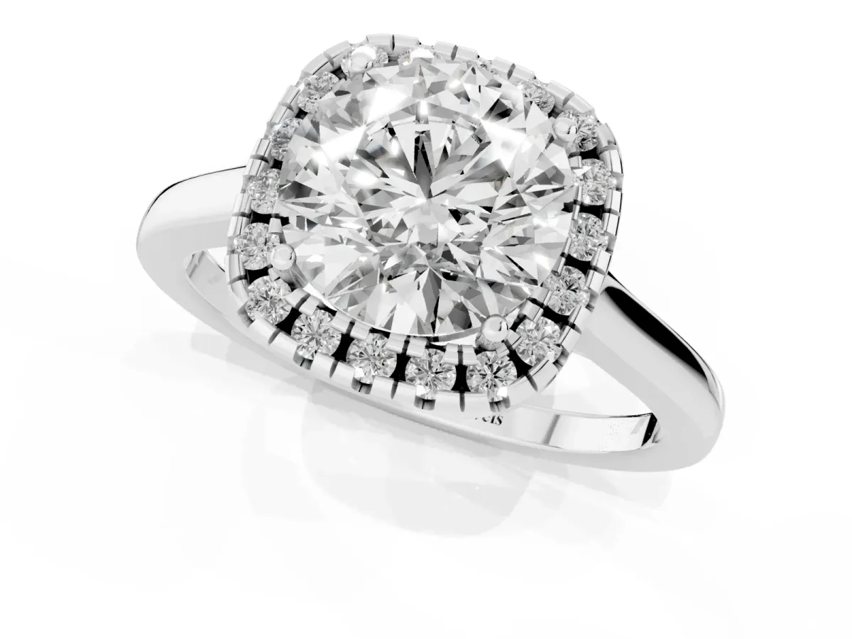 Round Cut Halo Round Diamond Solitaire Ring with Pavé Band and Four-Prong Setting Silver