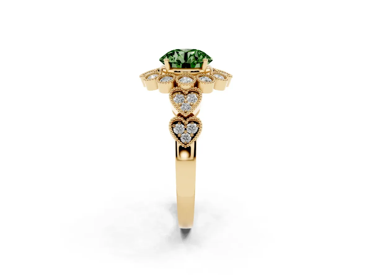 Fancy Green Round Cut Brilliant Milgrain Pave Heart Band Solitaire Ring Yellow gold