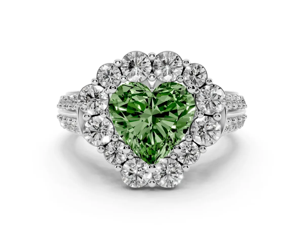 Fancy Green Heart Cut Halo Diamond Engagement Ring with Split Shank and Prong Setting White gold