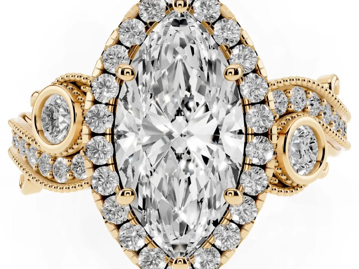 Marquise Cut Diamond Halo Ring with Milgrain Pavé Band and Four-Prong Setting Yellow gold