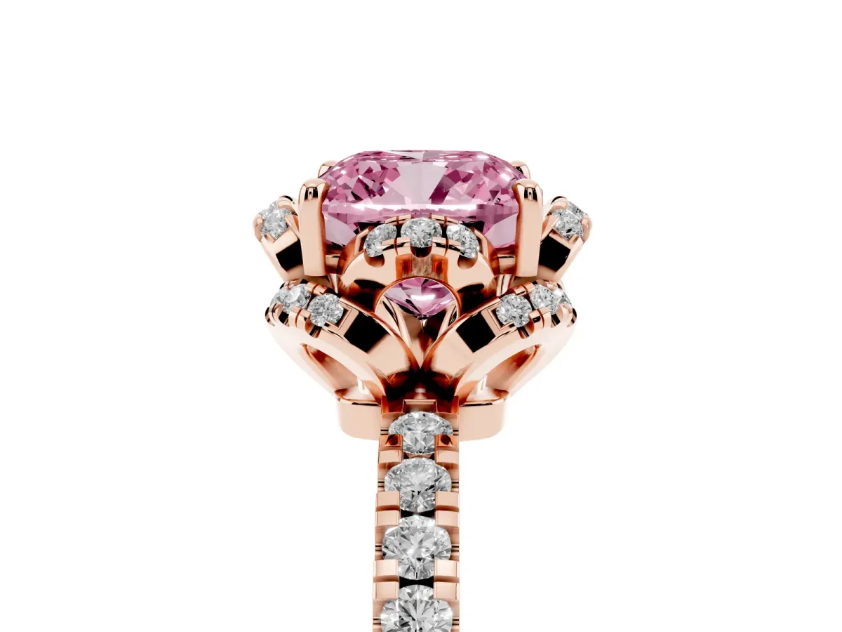 Fancy Pink Cushion Cut Diamond Halo Pave Band with Four-Prong Setting Rose gold