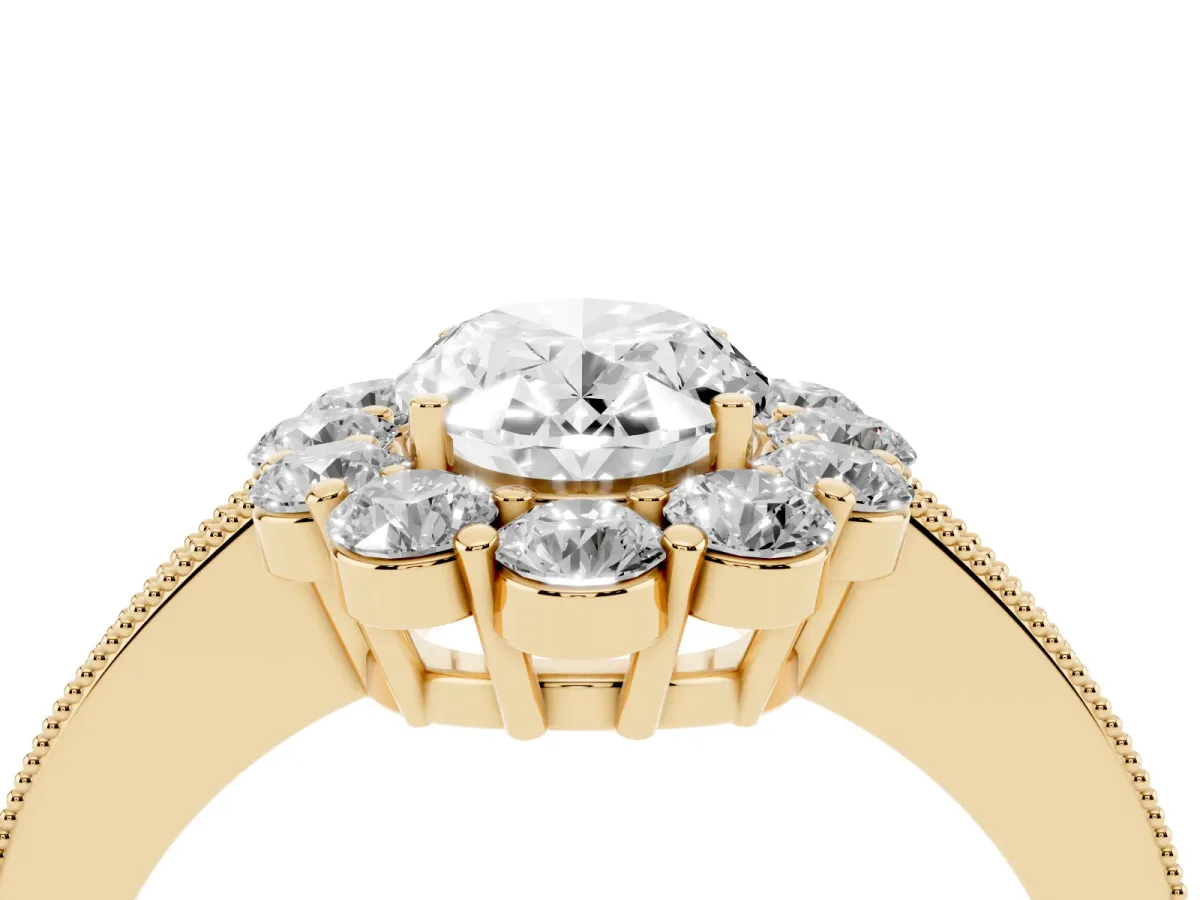 Oval Cut Cut Halo Diamond Pavé Engagement Ring with Milgrain Detailing Yellow gold