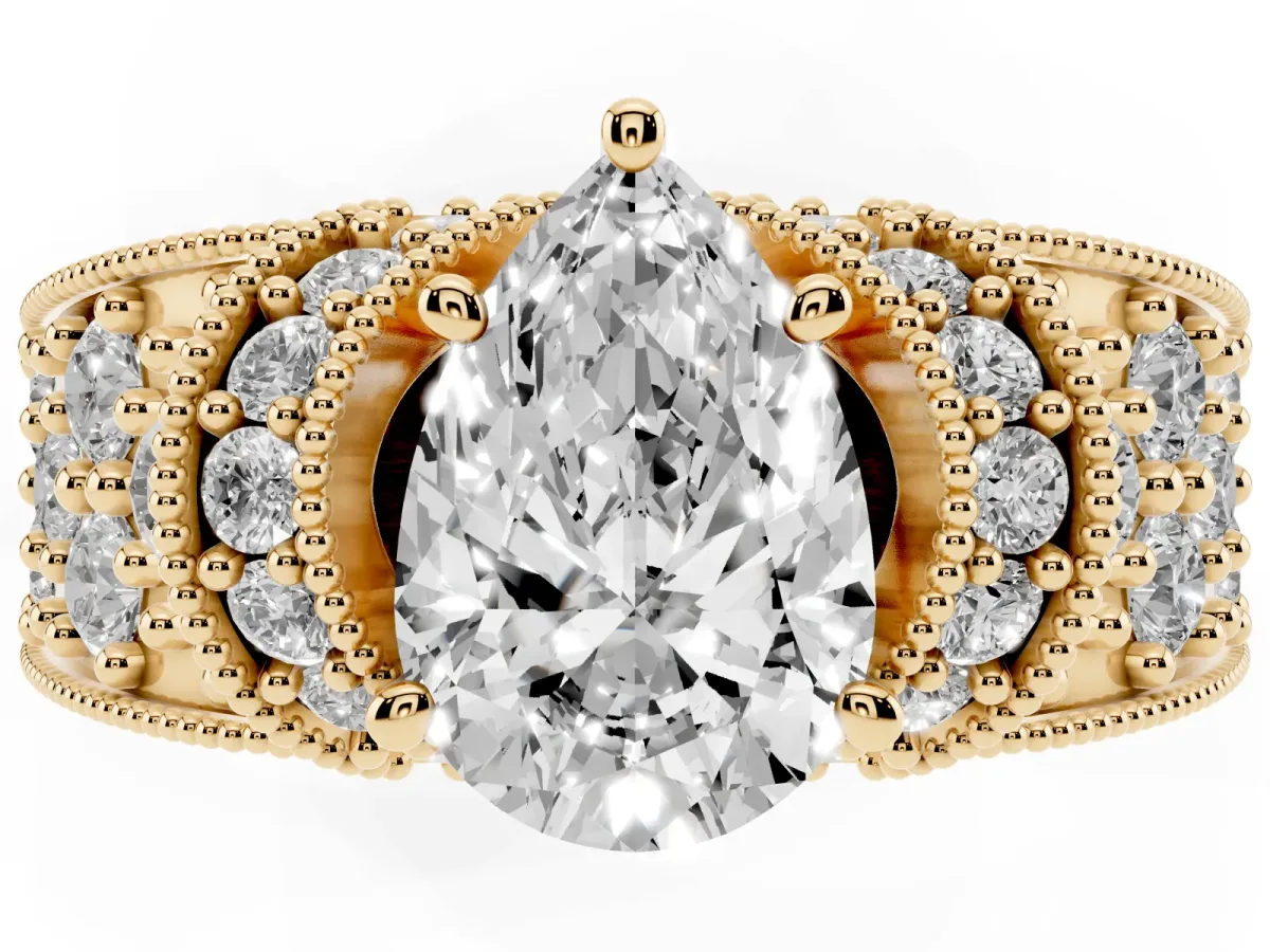Pear Cut Halo Pave Diamond Engagement Ring with Milgrain Detailing Yellow gold
