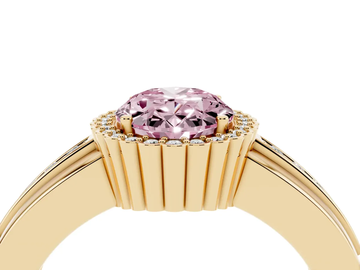 Fancy Pink Oval Cut Cut Halo Pave Band Four-Prong Ring Yellow gold