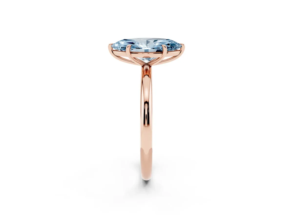 Fancy Blue Marquise Cut Solitaire Diamond Ring with Four-Prong Setting on a Plain Band Rose gold