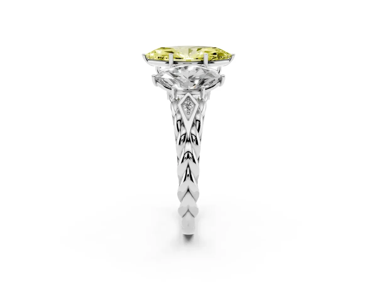 Fancy Yellow Three-Stone Marquise Cut Diamond Braided Band Ring with Four-Prong Setting Silver