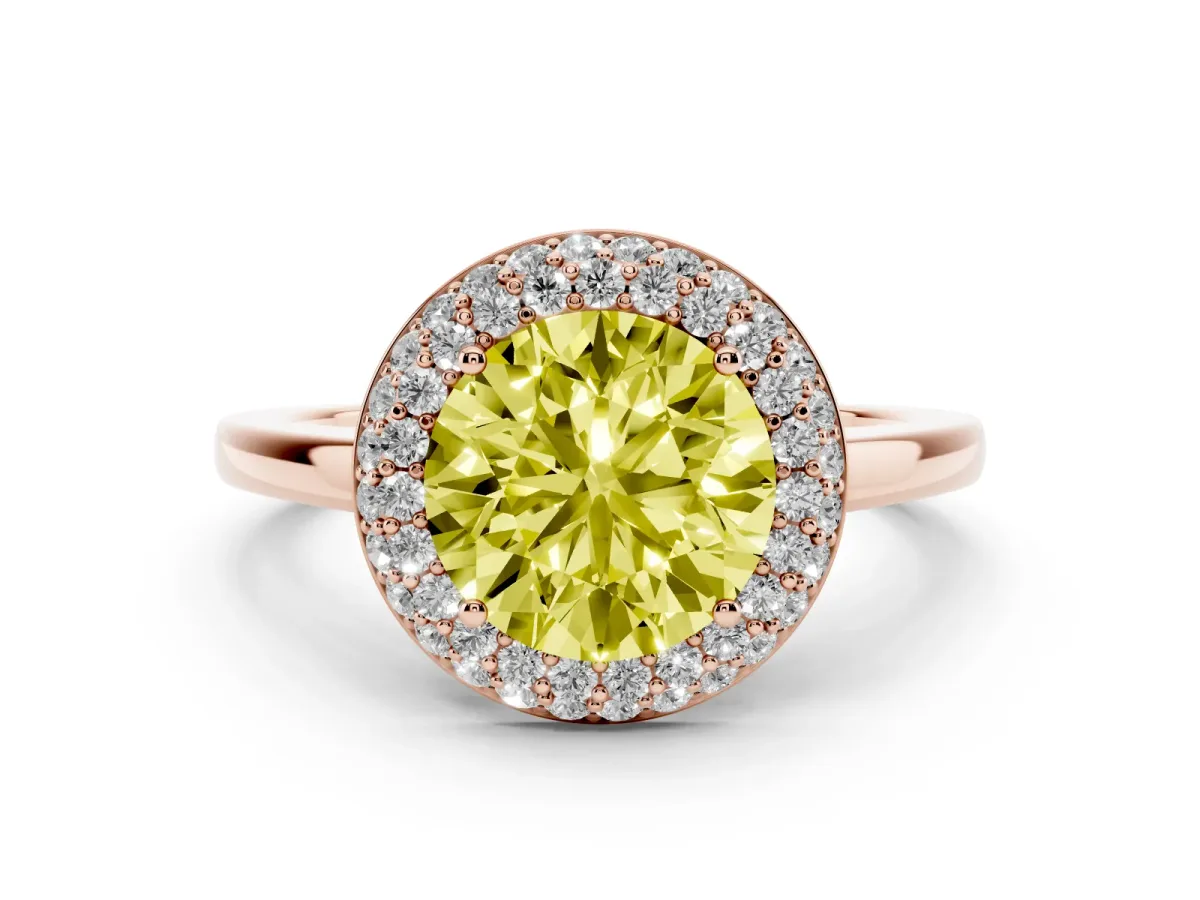 Fancy Yellow Round Cut Halo Diamond Engagement Ring with Solitaire Band and Four-Prong Setting Rose gold