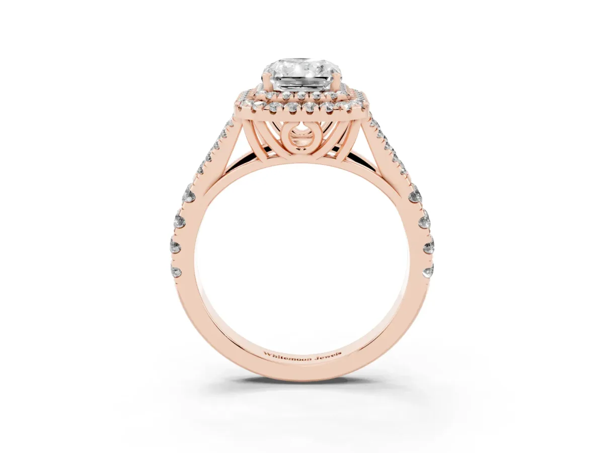 Radiant Cut Cut Double Halo Split Shank Diamond Ring with Prong Setting Rose gold