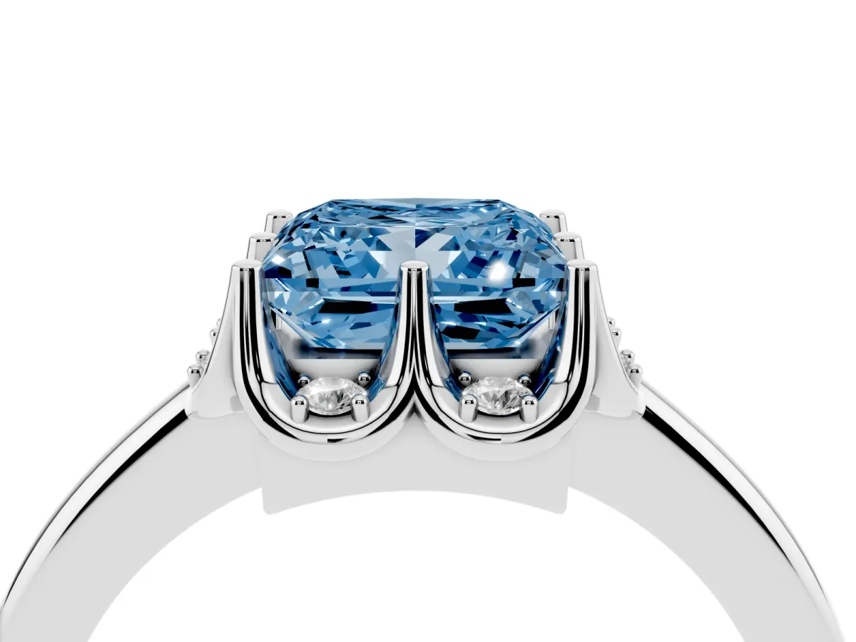 Fancy Blue Princess Cut Halo Diamond Ring with Round Cluster Setting, Solitaire Band, and Four-Prong Setting Silver