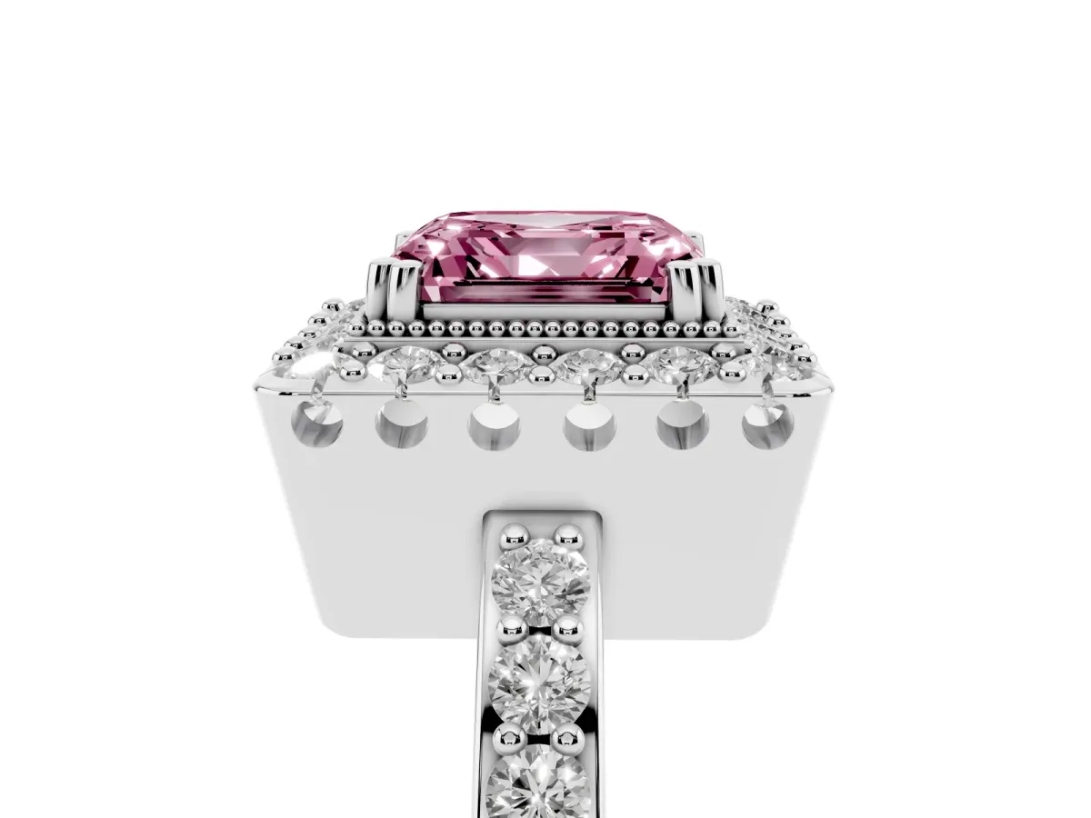 Fancy Pink Asscher Cut Diamond Halo Ring with Pavé Band and Prong Setting Silver