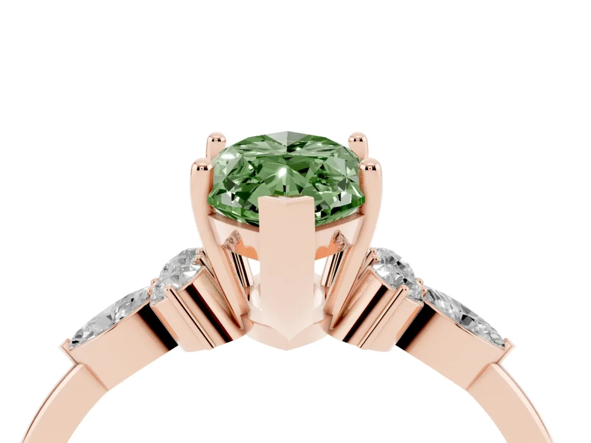 Fancy Green Marquise Cut Brilliant Diamond Solitaire Ring with Pear Side Stones and Four-Prong Setting Rose gold