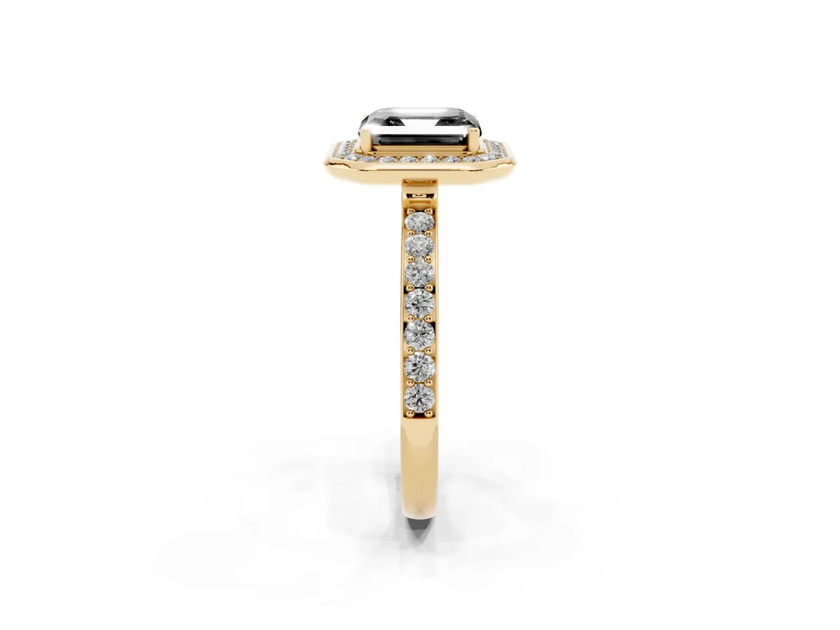 Fancy Black Asscher Cut Diamond Halo Ring with Bezel Frame and Pavé Band Yellow gold