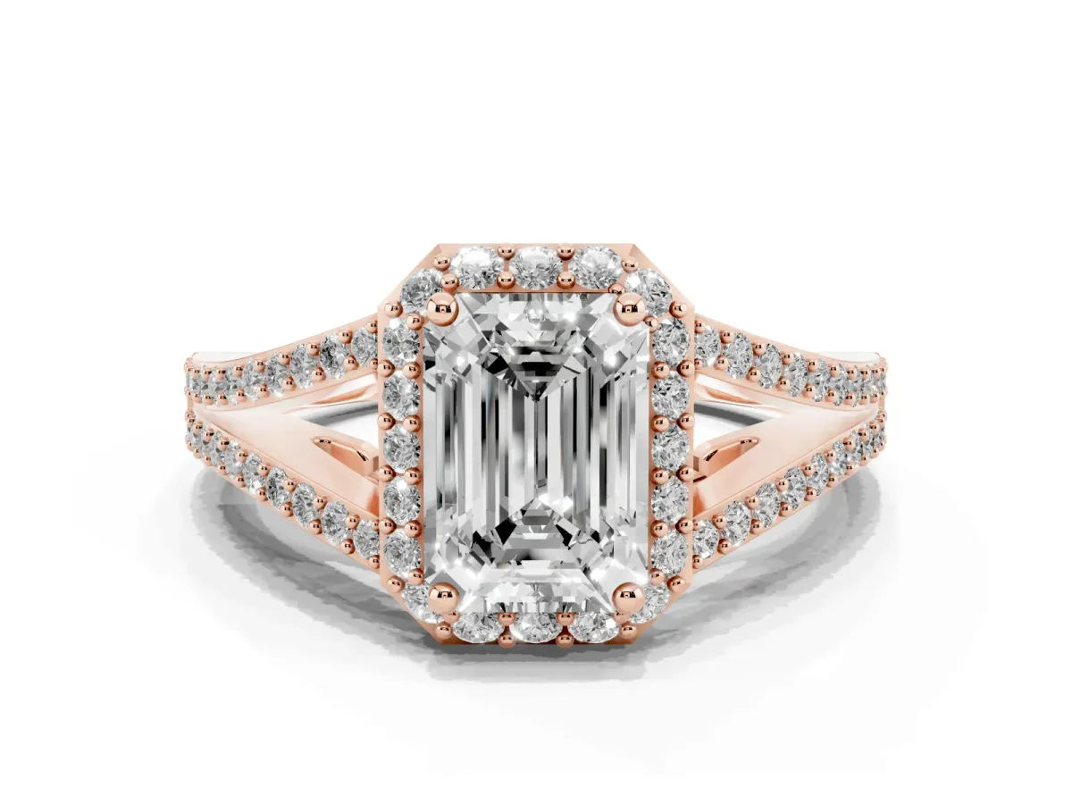 Emerald Cut Halo Split Shank Pave Diamond Ring with Four-Prong Setting Rose gold